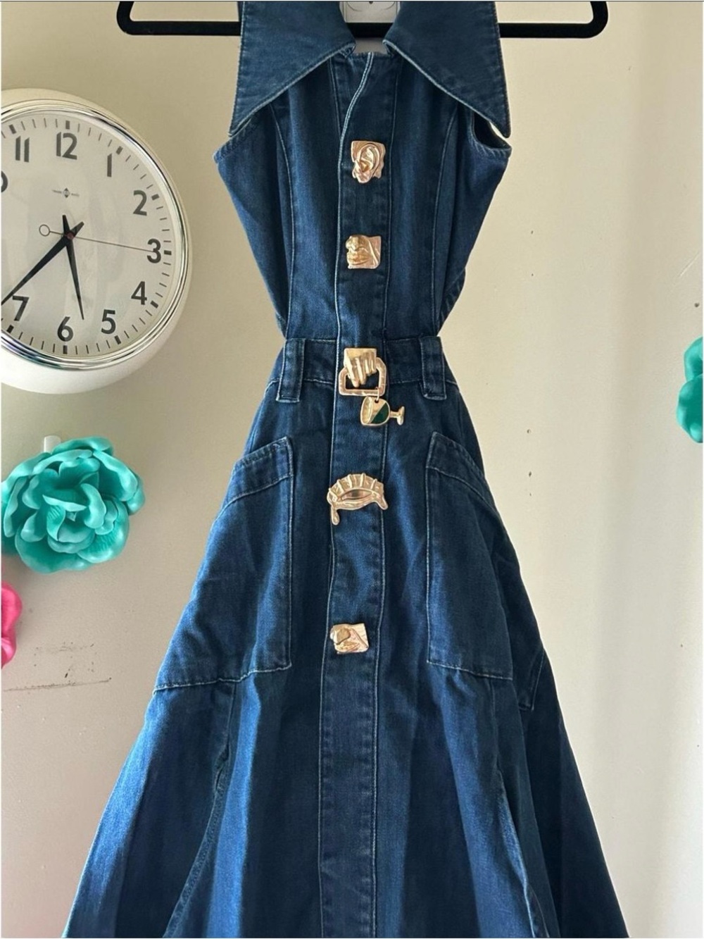 One left Dark Blue Denim Maxi Dress with Statement Buttons size 10 - Picture 2 of 8